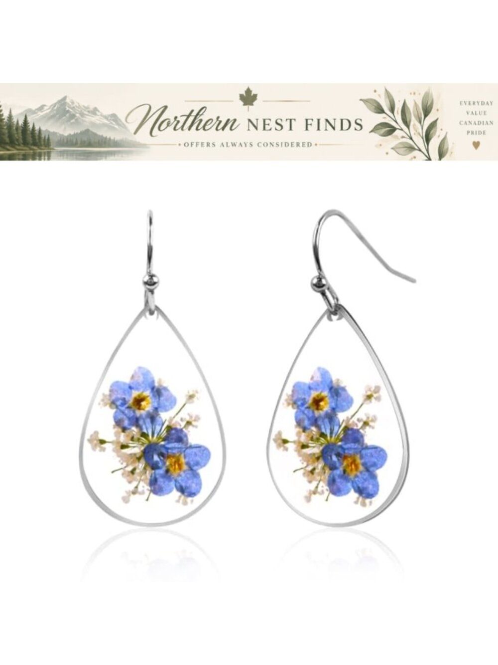 Handmade Pressed Flower Resin Drop Dangle Earrings Sterling Silver Hooks